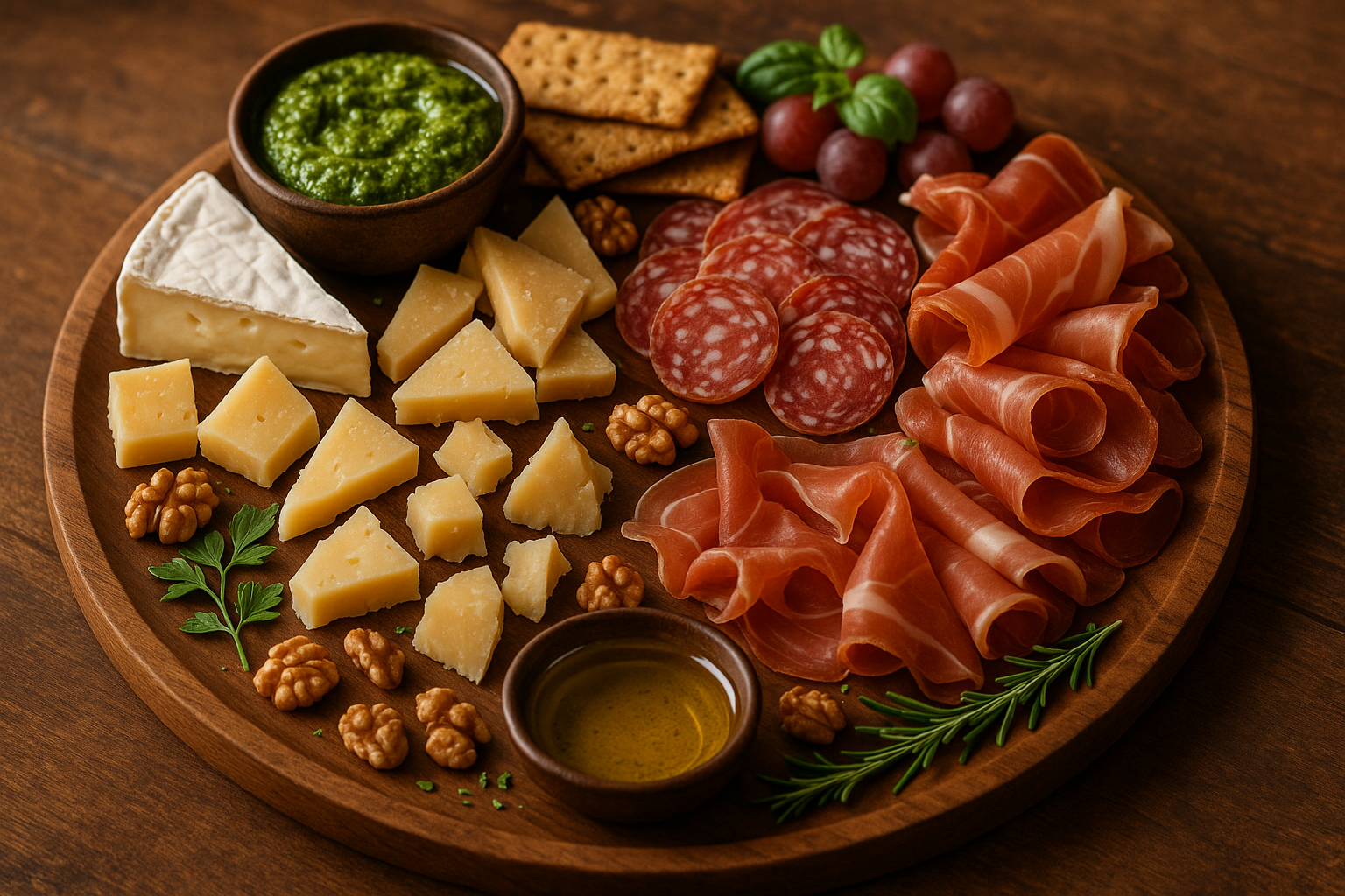 Eine Käse Fleisch Platte mit Pesto und Öl